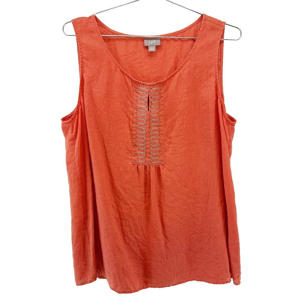 J. JILL 100% Linen Boho Chic Beaded Tank‎ Top • Large • coral, orange • beach